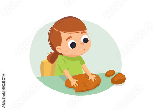 little girl doing sculpturing modeling with clay, sitting at the table.  knead the clay  with the hands. Wedging the clay. DIY activity.