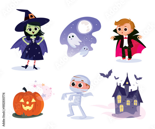 Cartoon Halloween collection. Little witch, pumpkin, dark house, zombie. dracula, ghosts, full moon.