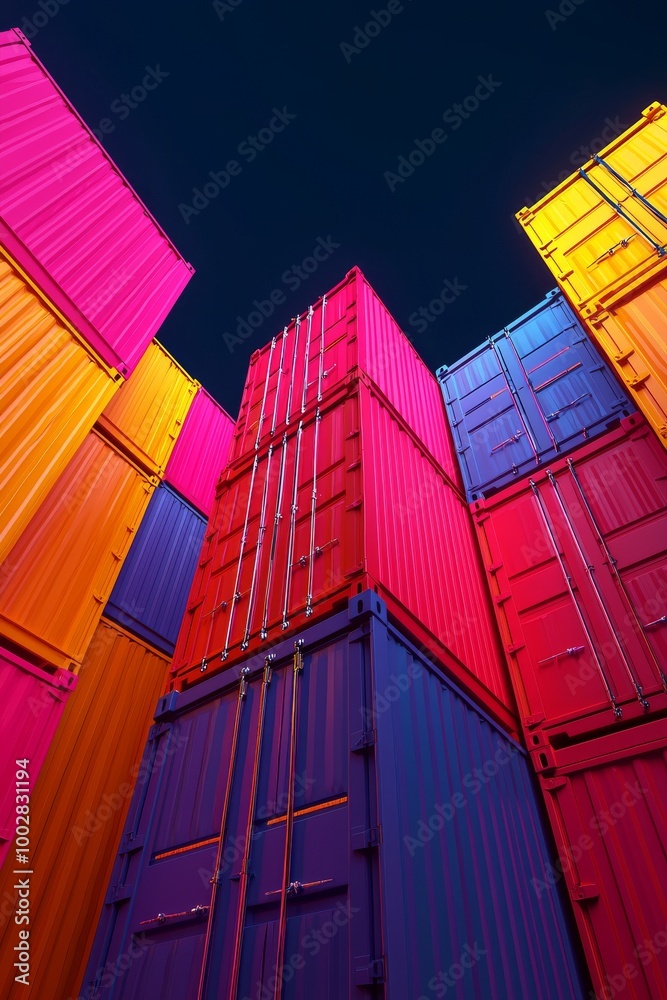 Fototapeta premium Colorful stacked shipping containers against a dark sky.