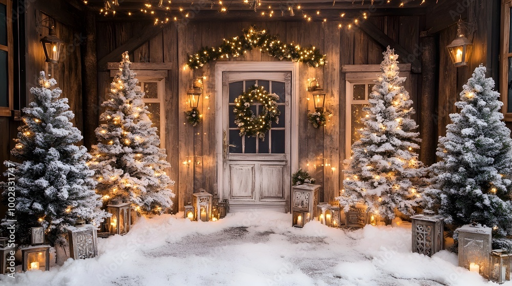 Cozy snow dusted Christmas backdrop with twinkling fairy lights glowing candles rustic pine trees and festive holiday surrounding a warm and inviting cabin entrance Cozy snow dusted Christmas backdrop with twinkling fairy lights glowing candles rustic pine trees and festive holiday surrounding a warm and inviting cabin entrance