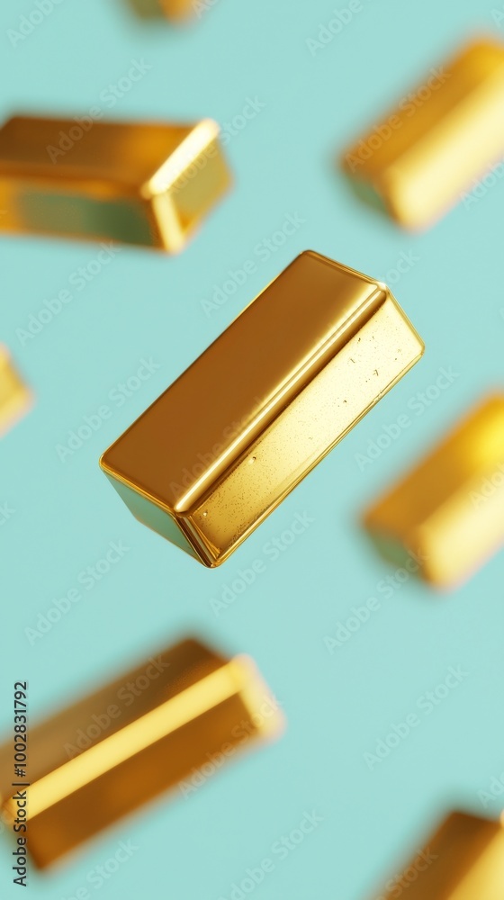 Floating gold bars on a bright turquoise background Floating gold bars on a bright turquoise background