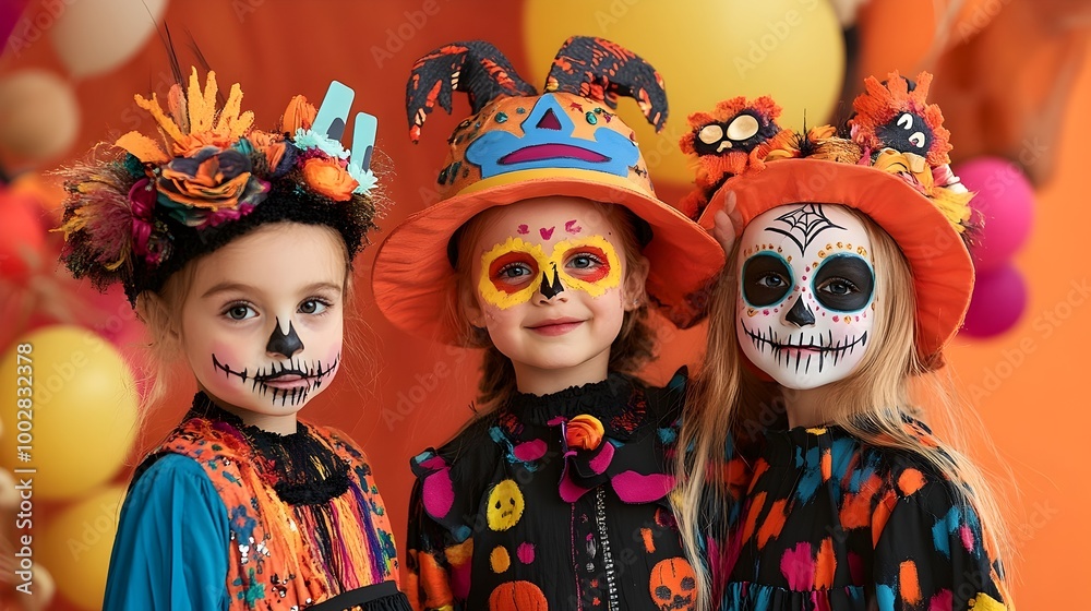 Festive and Playful Kid s Halloween Costumes with Bright and Cheerful Accessories for a Lively Party Imaginative Dress up Outfits with Skull Masks Vibrant Makeup and Whimsical Designs Festive and Playful Kid s Halloween Costumes with Bright and Cheerful Accessories for a Lively Party Imaginative Dress up Outfits with Skull Masks Vibrant Makeup and Whimsical Designs