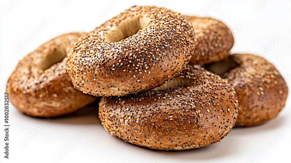 Freshly baked bagels stacked on each other showcasing a crunchy exterior and soft interior Freshly baked bagels stacked on each other showcasing a crunchy exterior and soft interior