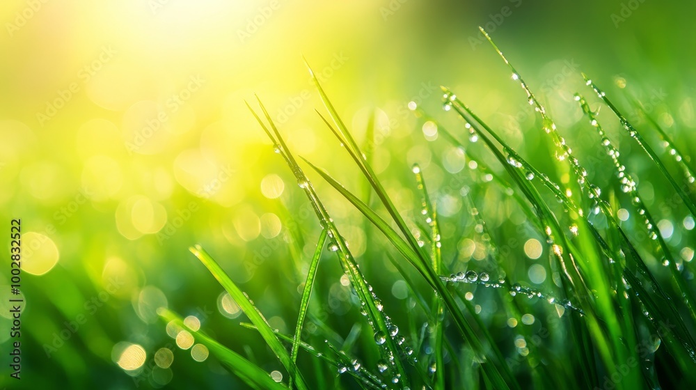 Fototapeta premium A Refreshing Close-up of Dew-Covered Green Grass in the Morning