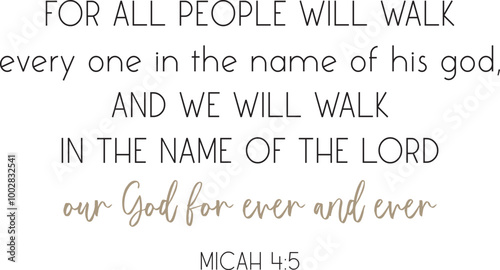 Bible Verse we will walk in the name of the Lord our God for ever and ever, Christian biblical poster, vector illustration