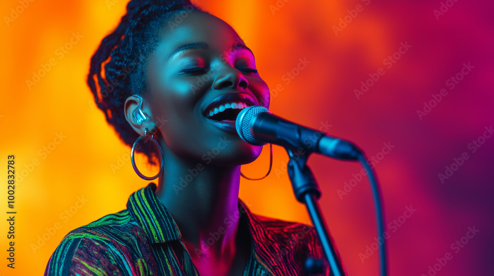 A young black woman sings passionately into a microphone, surrounded by vibrant, dynamic colors evoking emotion, music, and artistic flair creating an engaging atmosphere. A young black woman sings passionately into a microphone, surrounded by vibrant, dynamic colors evoking emotion, music, and artistic flair creating an engaging atmosphere.