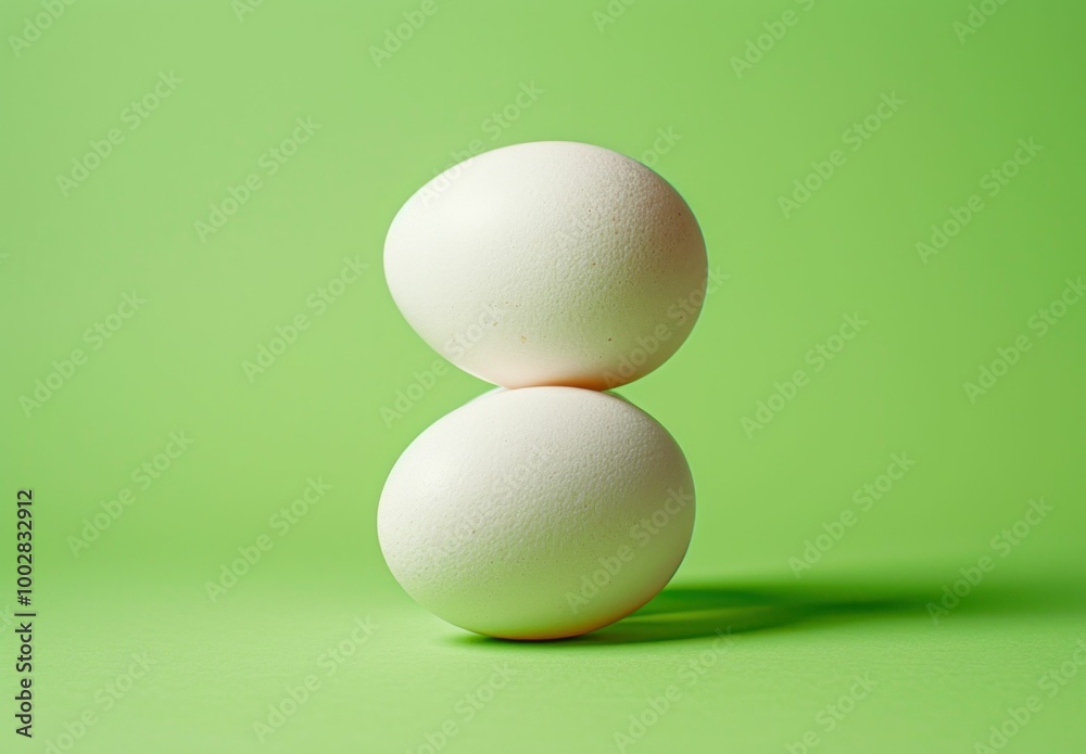 Two white eggs stacked on top of each other against a vibrant green background Two white eggs stacked on top of each other against a vibrant green background