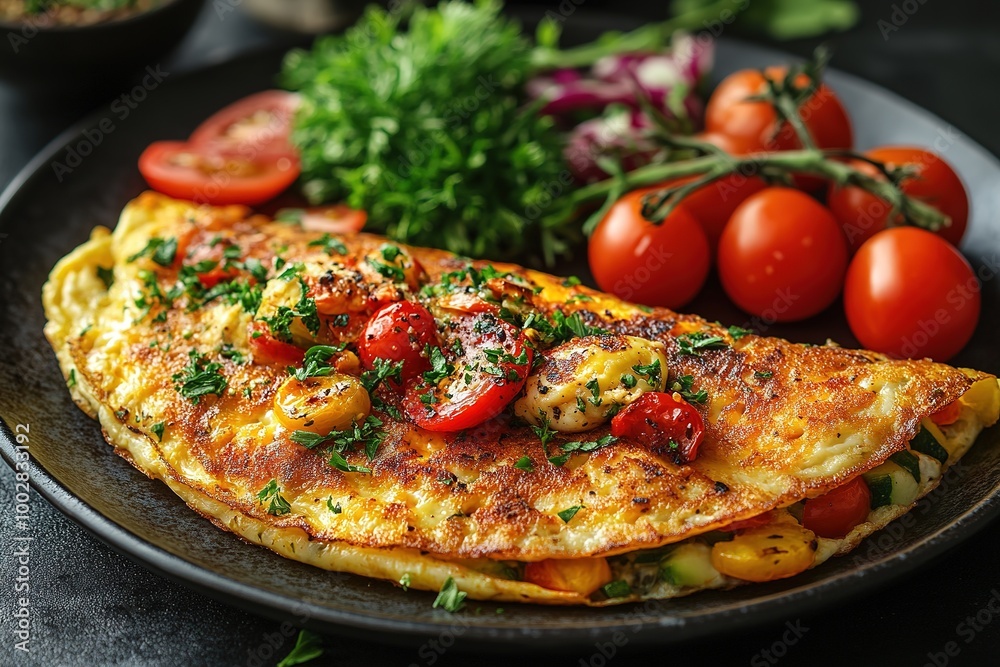Fresh homemade omelette with mushrooms, feta cheese and herbs. A healthy protein breakfast with mushrooms and spinach