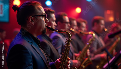 A close-up of musicians performing jazz on saxophones , in a vibrant environment photo