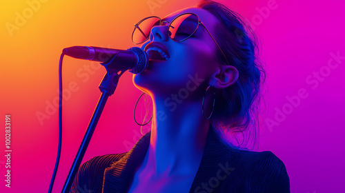 An Asian woman in sunglasses passionately sings into a microphone bathed in vivid purple and orange lights, showcasing expression and performance art on a modern stage.