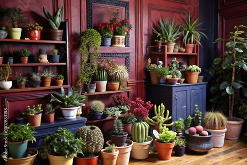 Stylish composition of home garden interior filled a lot of beautiful plants, cacti, succulents, air plant in different design pots. Green wall paneling. Template. Home gardening concept Home jungle.