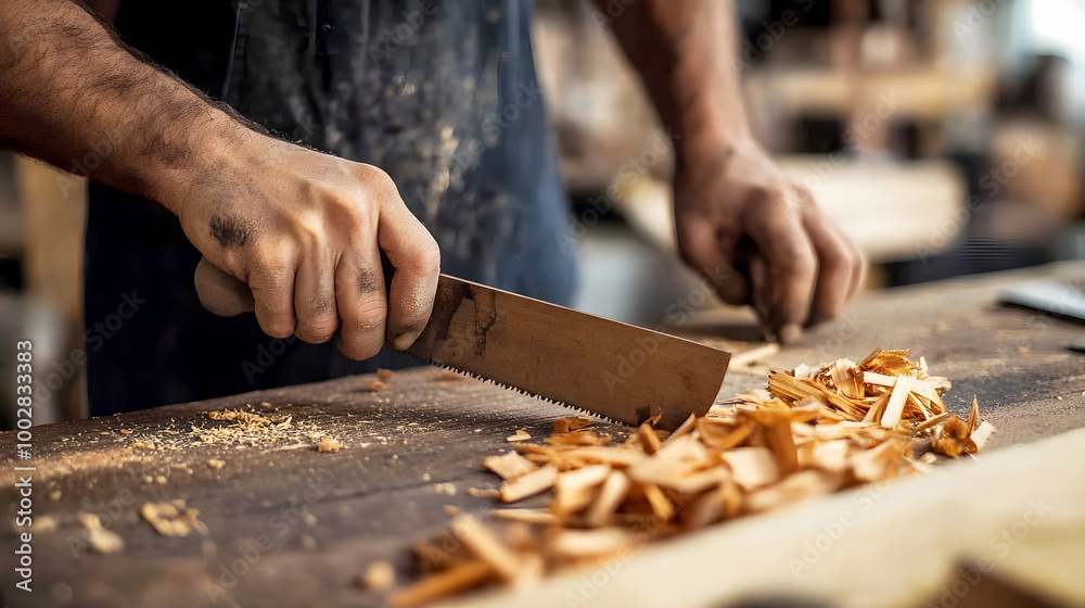 Crafting Precise Cuts with Hand Saw on Wooden Table Crafting Precise Cuts with Hand Saw on Wooden Table