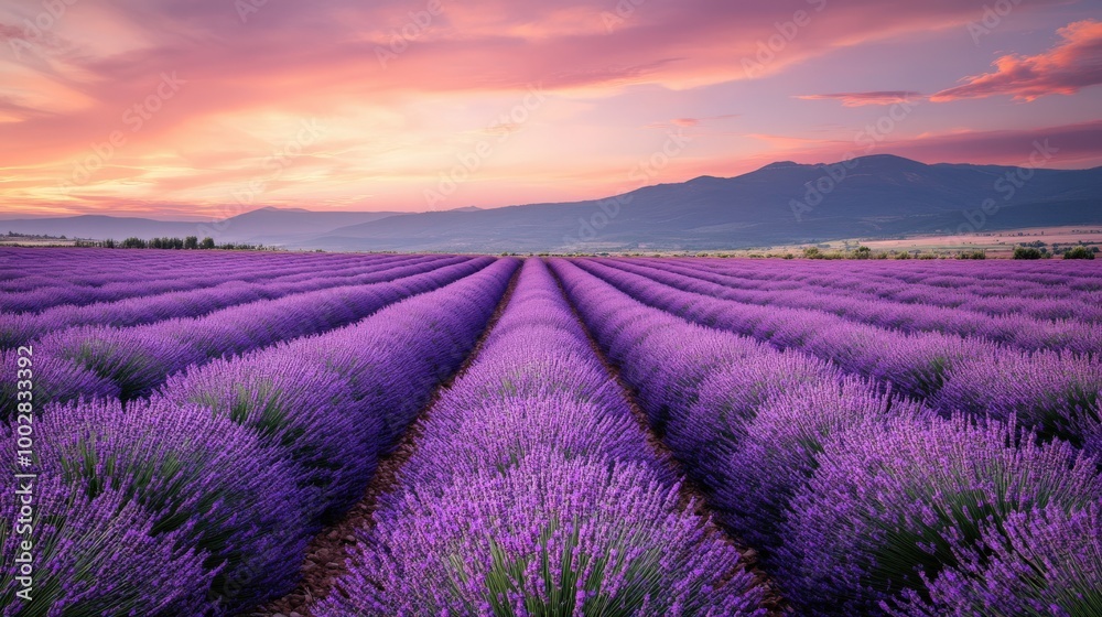 Obraz premium Vibrant lavender fields blanket the landscape, their deep purple hues contrasting beautifully with a pastel sunset, creating a tranquil atmosphere that beckons relaxation