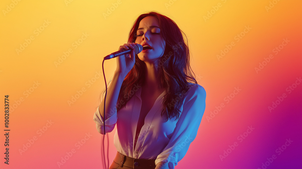 Fototapeta premium A woman sings with passion against a vibrant warm gradient background, capturing the essence of music, emotion, and artistic expression in a dynamic form.