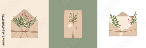 Mail Envelope Letter. Post card Craft paper letter and mail envelope. Postage card cute envelope vector illustration.