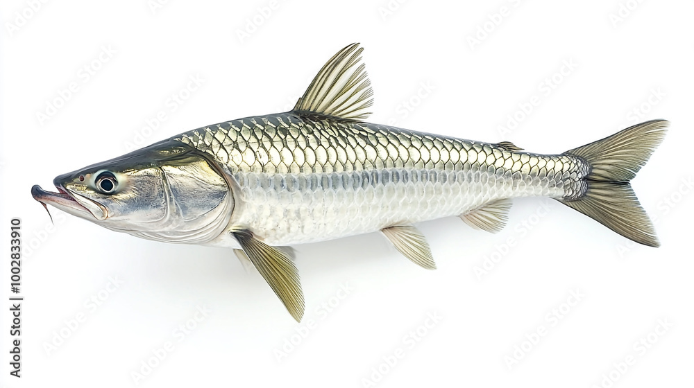 Silver fish specimen displayed on a white background showcasing its streamlined body and fins Silver fish specimen displayed on a white background showcasing its streamlined body and fins