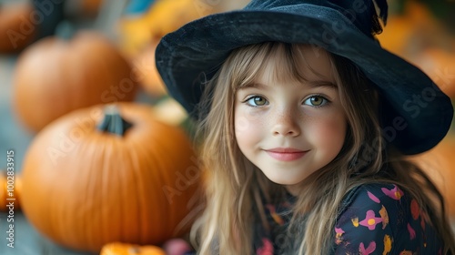 Cheerful and playful young girl dressed in a Halloween costume surrounded by vibrant orange pumpkins and spooky yet fun seasonal the spirit of the holiday