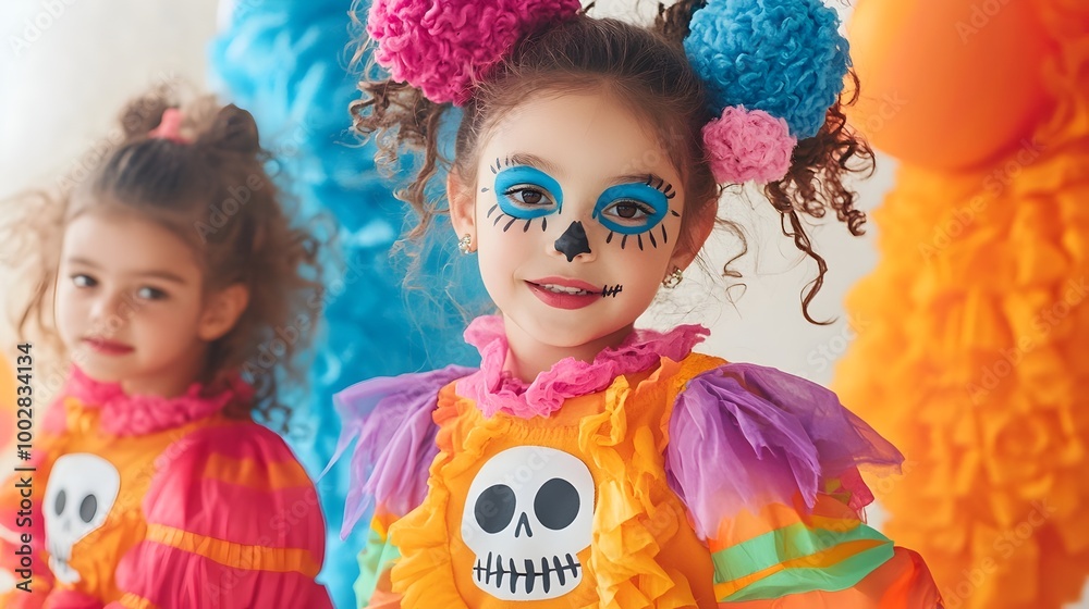 Fototapeta premium Cheerful and Colorful Halloween Costumes for Playful Kids Celebrating the Holiday with Festive Paint and Bright Expressions