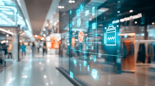 Wallpaper Mural An abstract and futuristic shopping mall in a digital realm featuring various stores with different sales and discount percentages floating over the architecture Torontodigital.ca