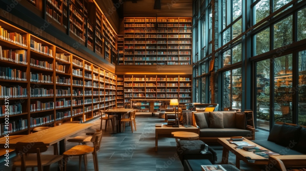 A serene interior of a modern library with tall shelves filled with books, soft lighting, and cozy reading nooks inviting patrons to explore and enjoy their favorite titles. A serene interior of a modern library with tall shelves filled with books, soft lighting, and cozy reading nooks inviting patrons to explore and enjoy their favorite titles.