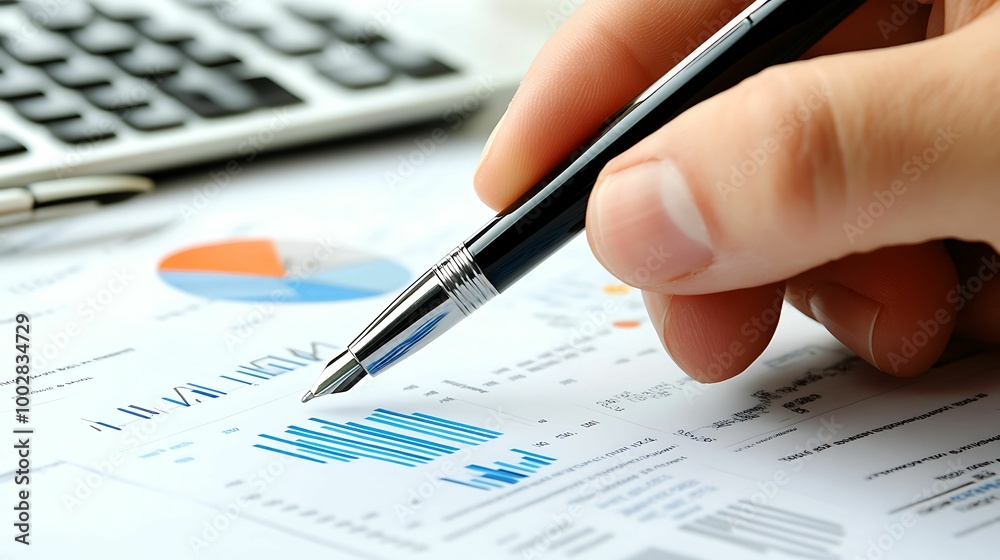 Close-up of a hand holding a pen while reviewing financial charts and graphs, with a focus on business data analysis and decision-making. Close-up of a hand holding a pen while reviewing financial charts and graphs, with a focus on business data analysis and decision-making.