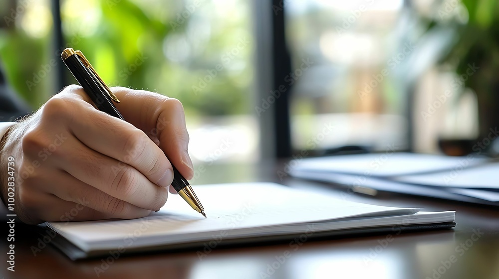 A hand holding a pen, writing on a notepad in a professional office environment, with soft natural light filtering through a window. A hand holding a pen, writing on a notepad in a professional office environment, with soft natural light filtering through a window.