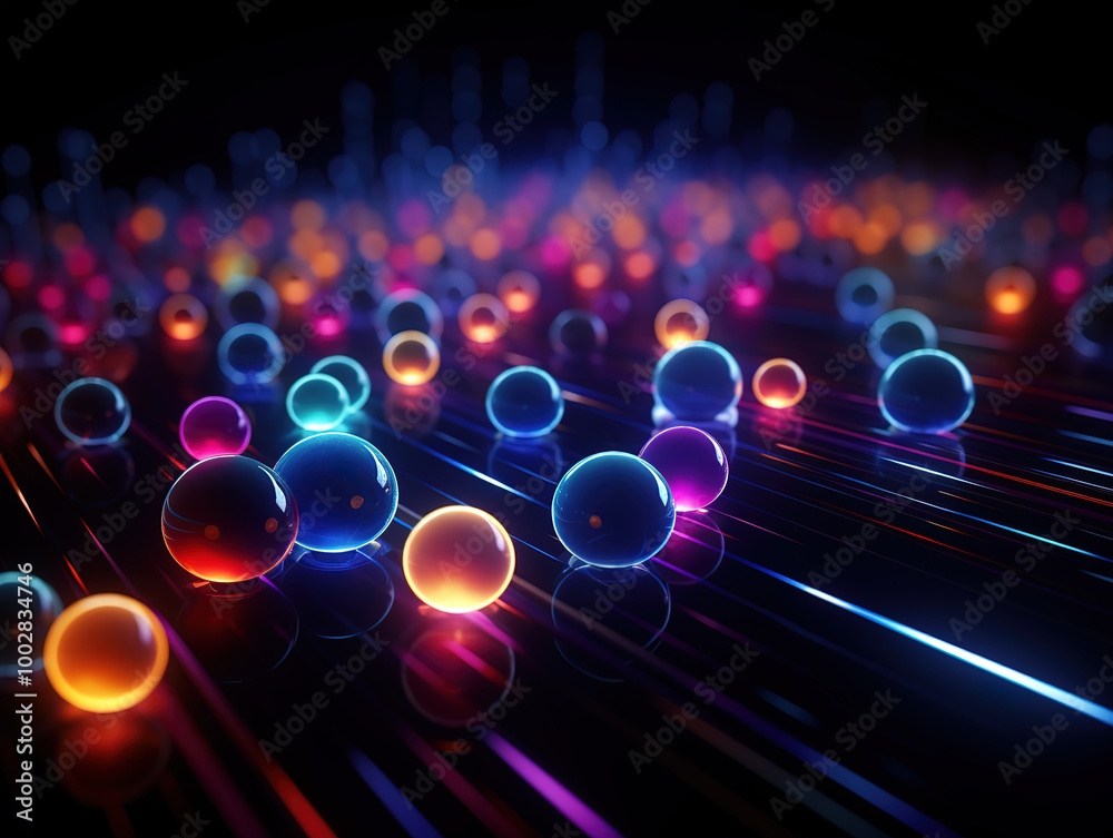 3D Abstract Neon Data Background with Glowing Energy Lines and Spheres on Black 3D Abstract Neon Data Background with Glowing Energy Lines and Spheres on Black