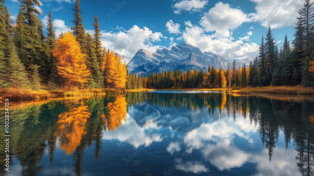 In Banff National Park, autumn colors reflect beautifully on calm waters, with towering mountains and bright blue skies enhancing the serene atmosphere of the landscape In Banff National Park, autumn colors reflect beautifully on calm waters, with towering mountains and bright blue skies enhancing the serene atmosphere of the landscape