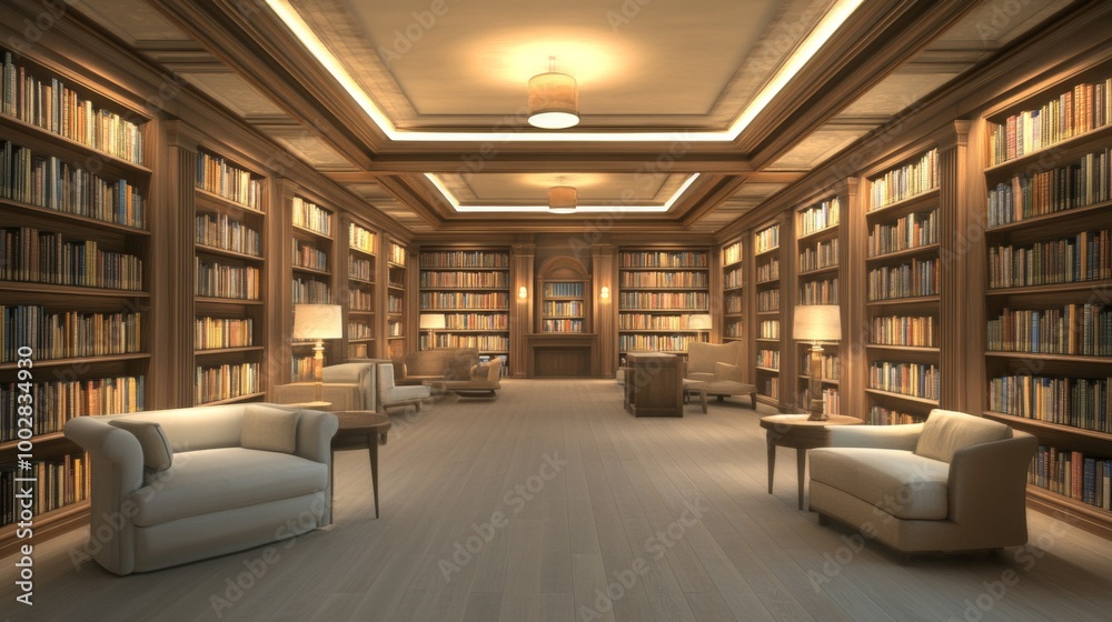 A serene library interior filled with rows of bookshelves, cozy seating areas, and soft lighting, providing a tranquil environment for study and reflection. A serene library interior filled with rows of bookshelves, cozy seating areas, and soft lighting, providing a tranquil environment for study and reflection.