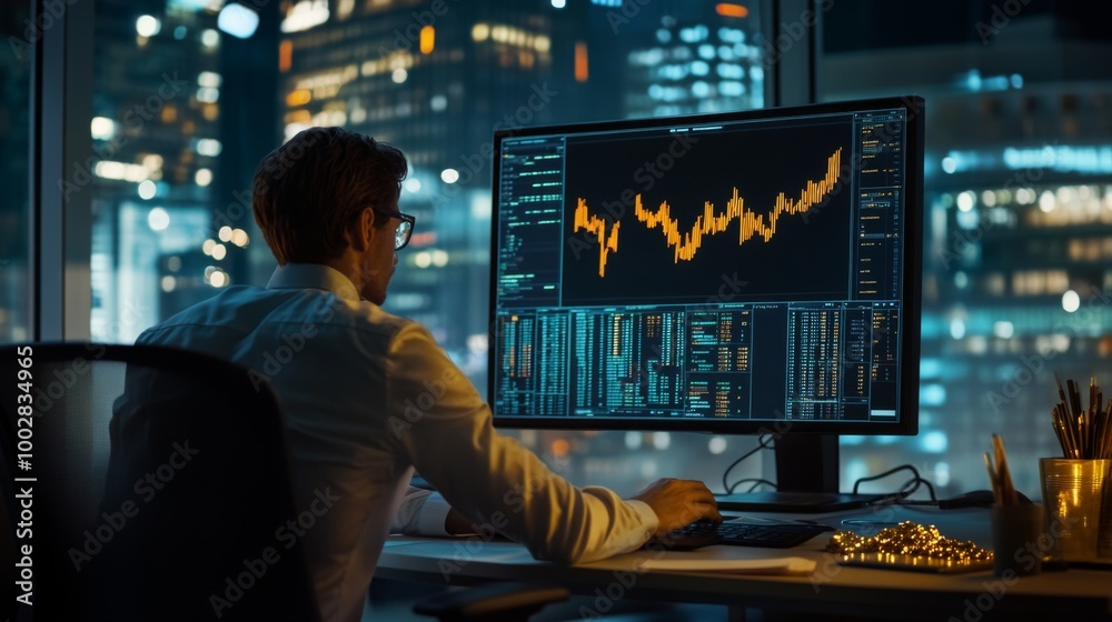 A serene office scene where a financial analyst studies a large screen displaying gold price fluctuations, reflecting focus and professionalism in market analysis. A serene office scene where a financial analyst studies a large screen displaying gold price fluctuations, reflecting focus and professionalism in market analysis.