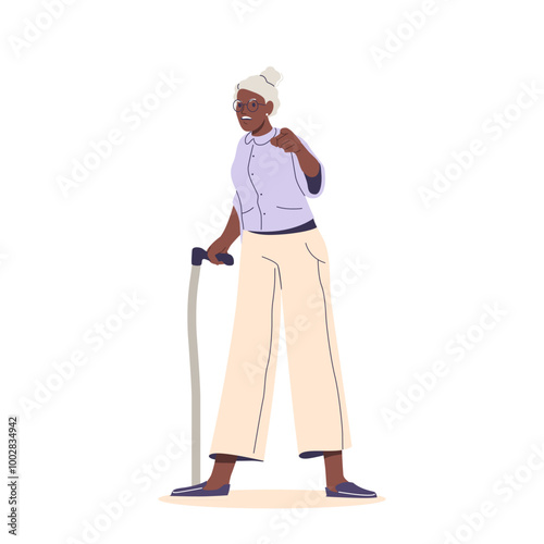 Confident Elderly Woman Pointing Forward While Holding A Cane. Female Senior Character Appears Angry And Determined