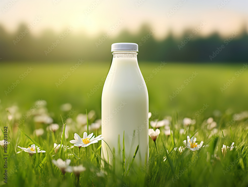 Bottle of Fresh Milk on a Sunny Summer Meadow for Dairy and Eco Food Concepts