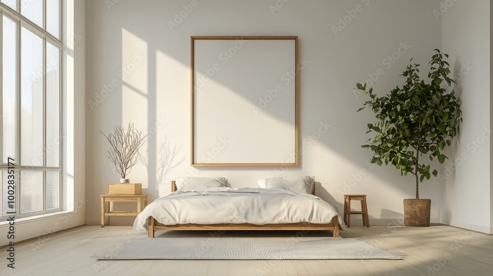 Mock up frame in a spacious, bare bedroom with plain walls and simple wooden furniture, 3D render Mock up frame in a spacious, bare bedroom with plain walls and simple wooden furniture, 3D render
