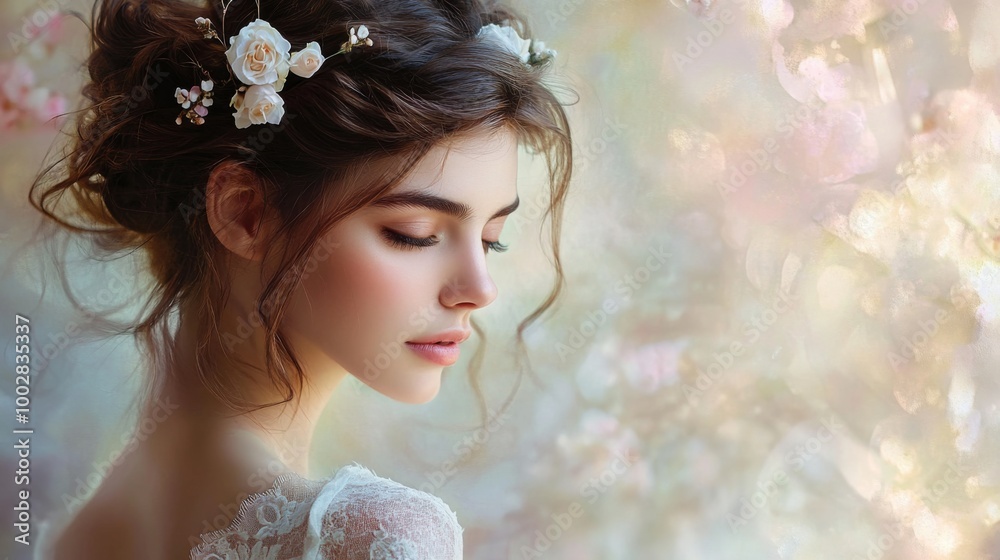A serene portrait of a woman with an elegant updo, featuring soft curls and pinned flowers, set against a dreamy backdrop for a romantic atmosphere A serene portrait of a woman with an elegant updo, featuring soft curls and pinned flowers, set against a dreamy backdrop for a romantic atmosphere