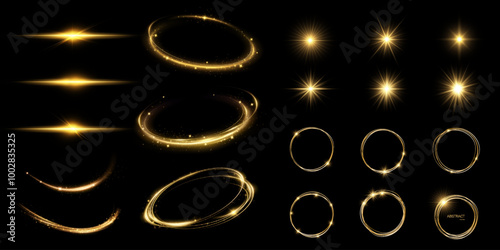 Set of light effects. Flash of light, explosion, sparkle, dust, line, solar flare, spark and stars, horizontal lines, neon lines, speed lines.	