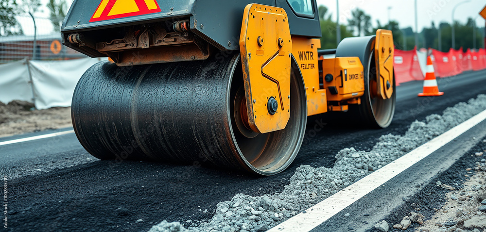 A close-up view of an asphalt roller actively working on a new road construction site A close-up view of an asphalt roller actively working on a new road construction site