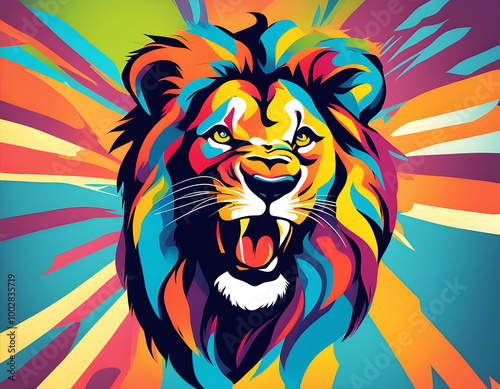 colorful lion head with cool isolated pop art style background