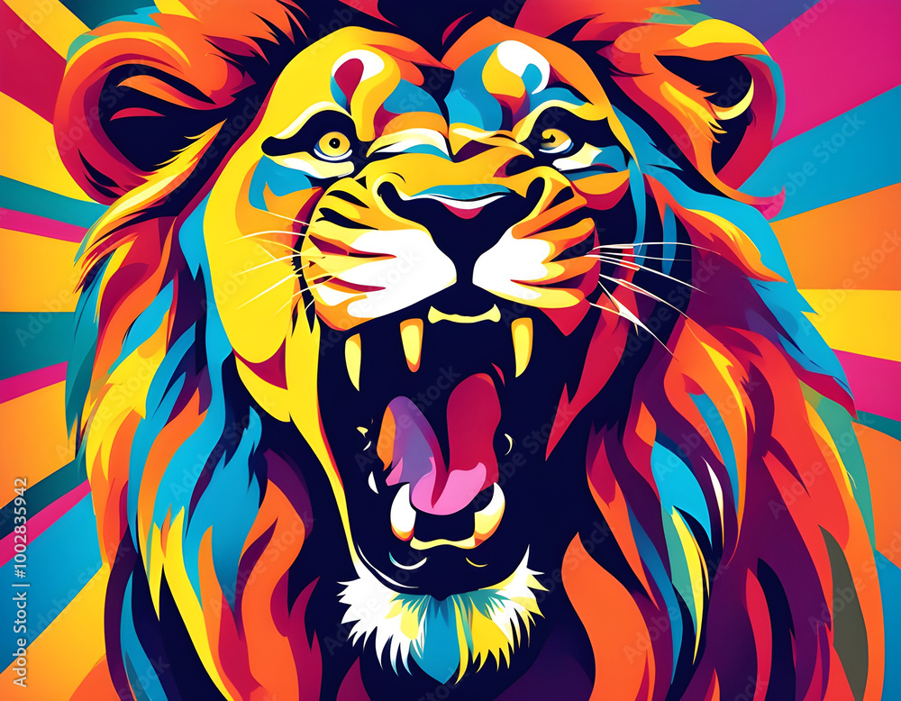 Fototapeta premium colorful lion head with cool isolated pop art style background