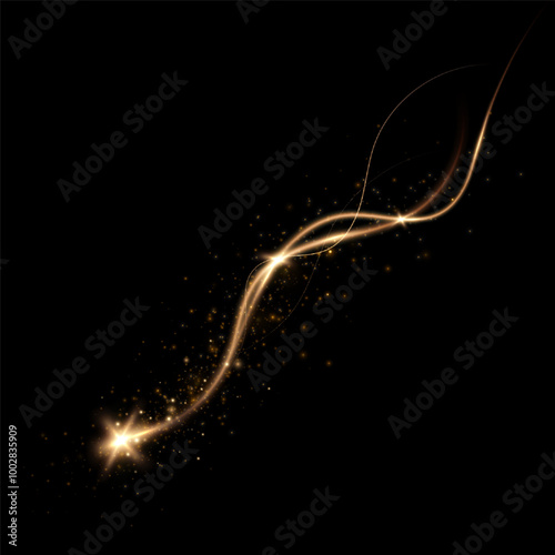 Golden curved light line.Confetti sparkles in a wave. Sparkling magical dust particles.golden stars shine with special light. Magical shining gold dust.