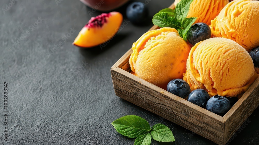 Scoops of peach and blueberry ice cream in a rustic tray, garnished with fresh fruit, summery and inviting Scoops of peach and blueberry ice cream in a rustic tray, garnished with fresh fruit, summery and inviting