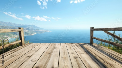 A wooden viewing platform without barriers, looking out over a vast ocean