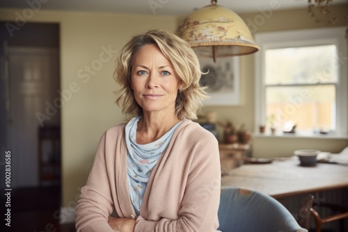 Portrait of a glad woman in her 50s wearing a chic cardigan over stylized simple home office background