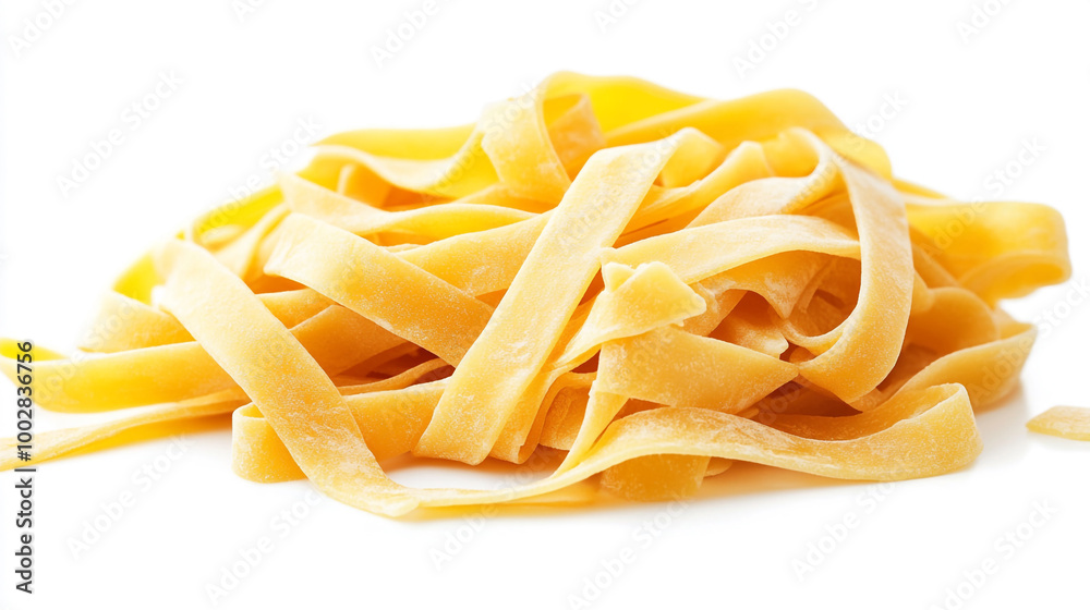Fresh fettuccine pasta arranged neatly on a white plate ready for cooking Fresh fettuccine pasta arranged neatly on a white plate ready for cooking