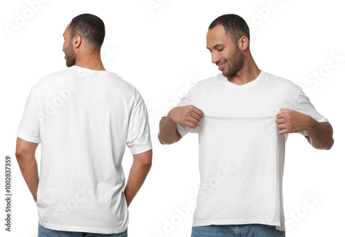 Handsome man in white t-shirt on white background, collage of photos