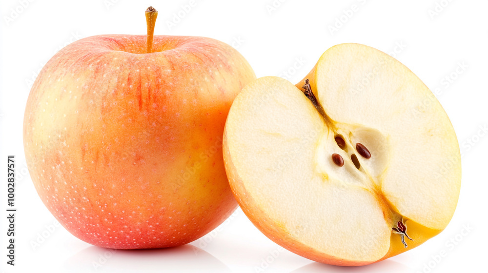 Freshly cut apple revealing juicy interior and seeds on a clean white background Freshly cut apple revealing juicy interior and seeds on a clean white background