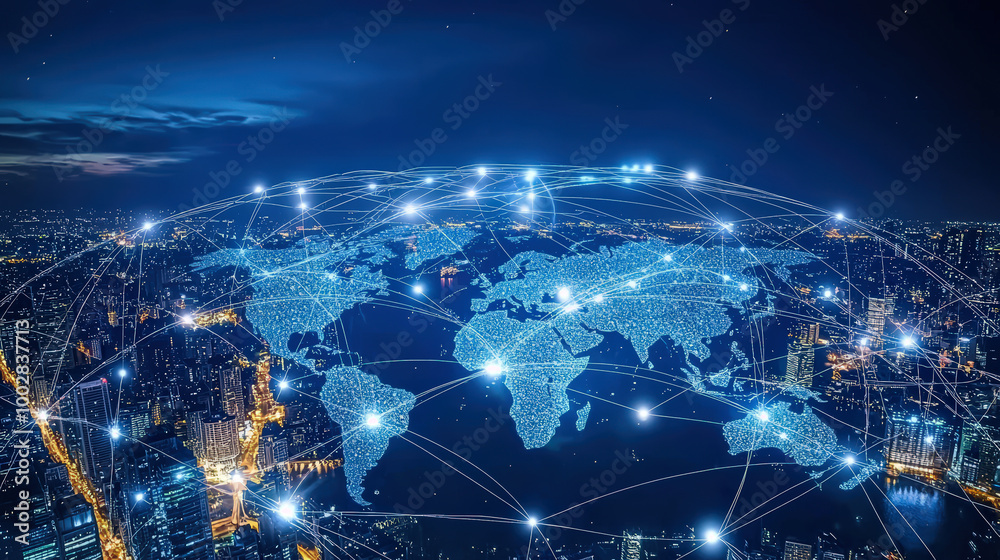 Obraz premium digital world map showcasing global connectivity and network interactions, illuminated by city lights at night, evokes sense of modern technology and interconnectivity