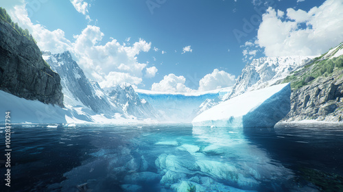 stunning iceberg landscape featuring crystal clear waters and majestic mountains under bright blue sky. serene environment evokes sense of tranquility and awe