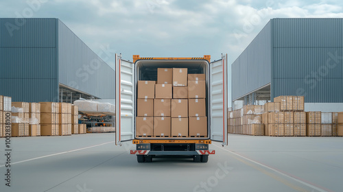 A cargo truck with the back open, showing many boxes of merchandise inside the vehicle, parked in front of the warehouse.
