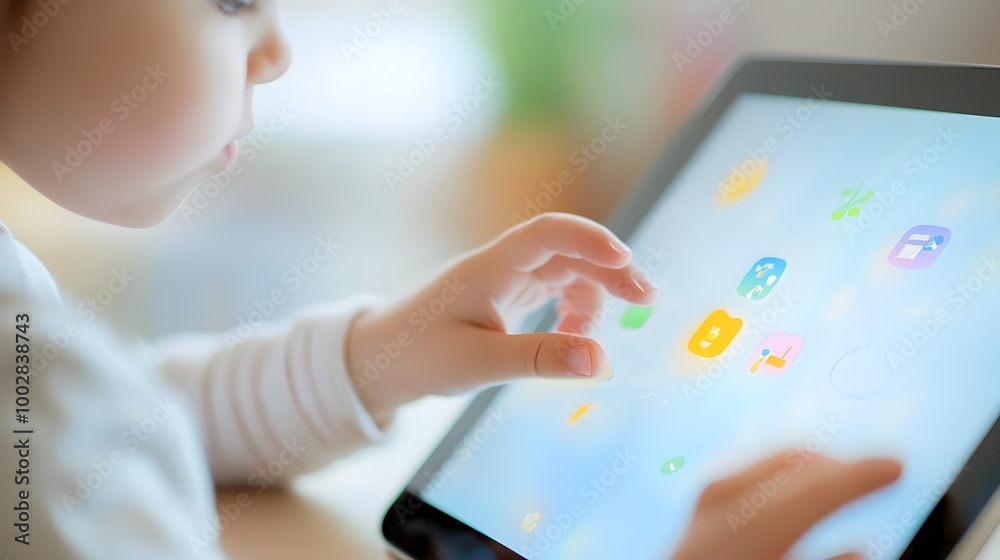 Child s hand interacting with a touchscreen displaying an educational ...