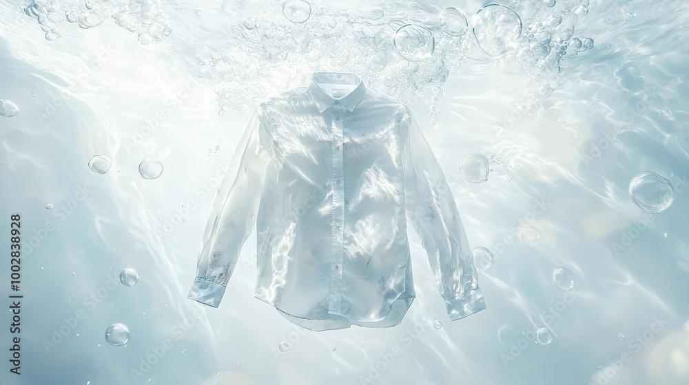 dirty white shirt dress floats gracefully in clear water, surrounded by bubbles, creating serene and tranquil atmosphere. light reflects beautifully on fabric, enhancing its delicate appearance dirty white shirt dress floats gracefully in clear water, surrounded by bubbles, creating serene and tranquil atmosphere. light reflects beautifully on fabric, enhancing its delicate appearance